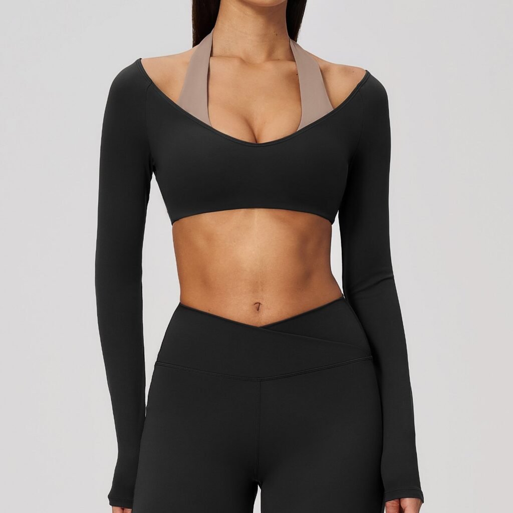 Long-sleeve top with a halter-neck faux-layered design